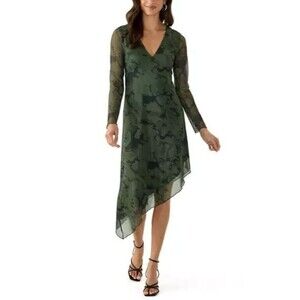 Oak & Trellis Women's Long Sleeve V-Neck Asymmetrical Hem Dress XL, Olive NWT